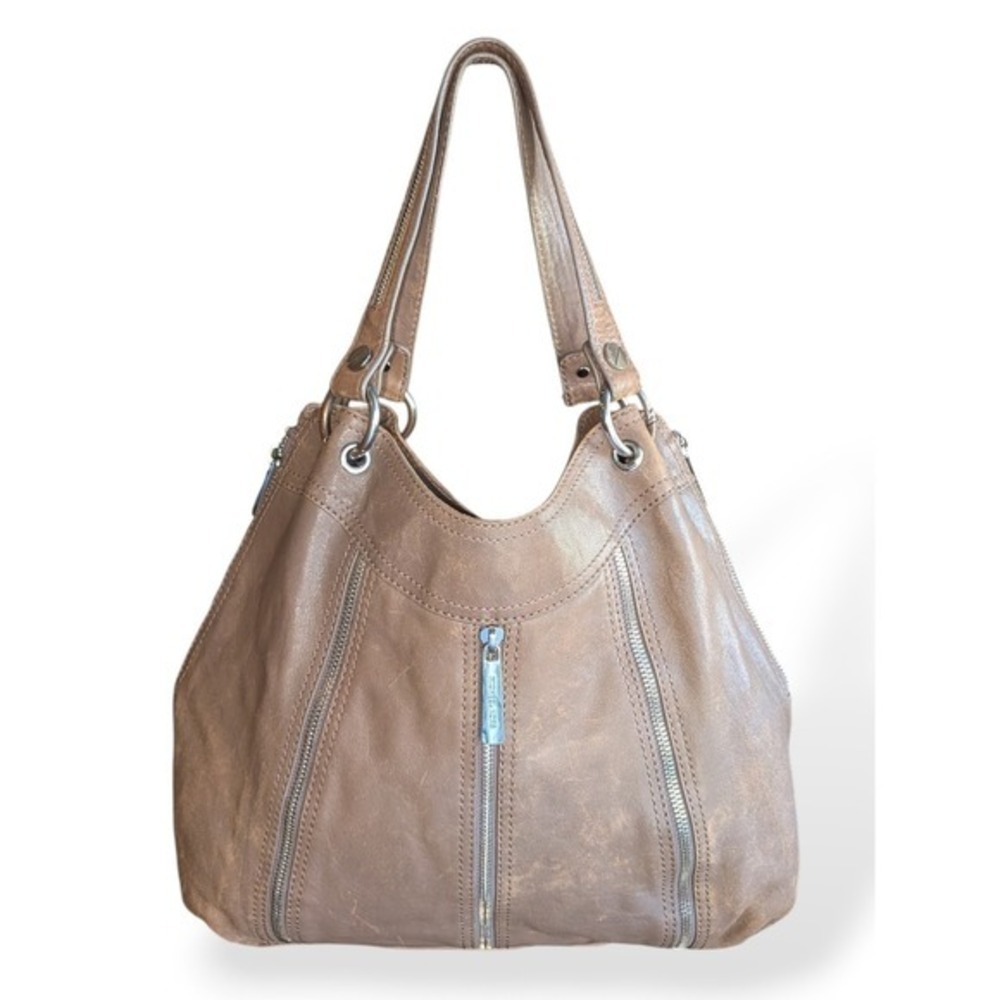 Michael Kors Hobo Shoulder Bag Side Expandable Zippers Distressed Leather Beige